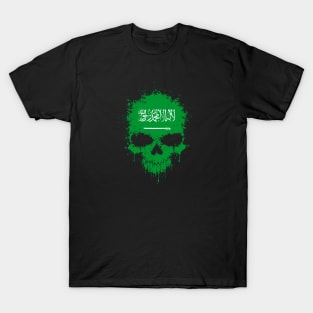 Chaotic Saudi Flag Splatter Skull T-Shirt